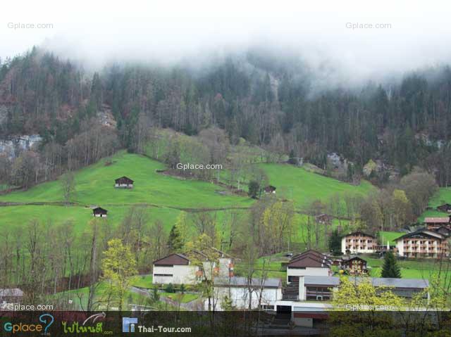 On the west side of the train station, the small Swiss-style houses.