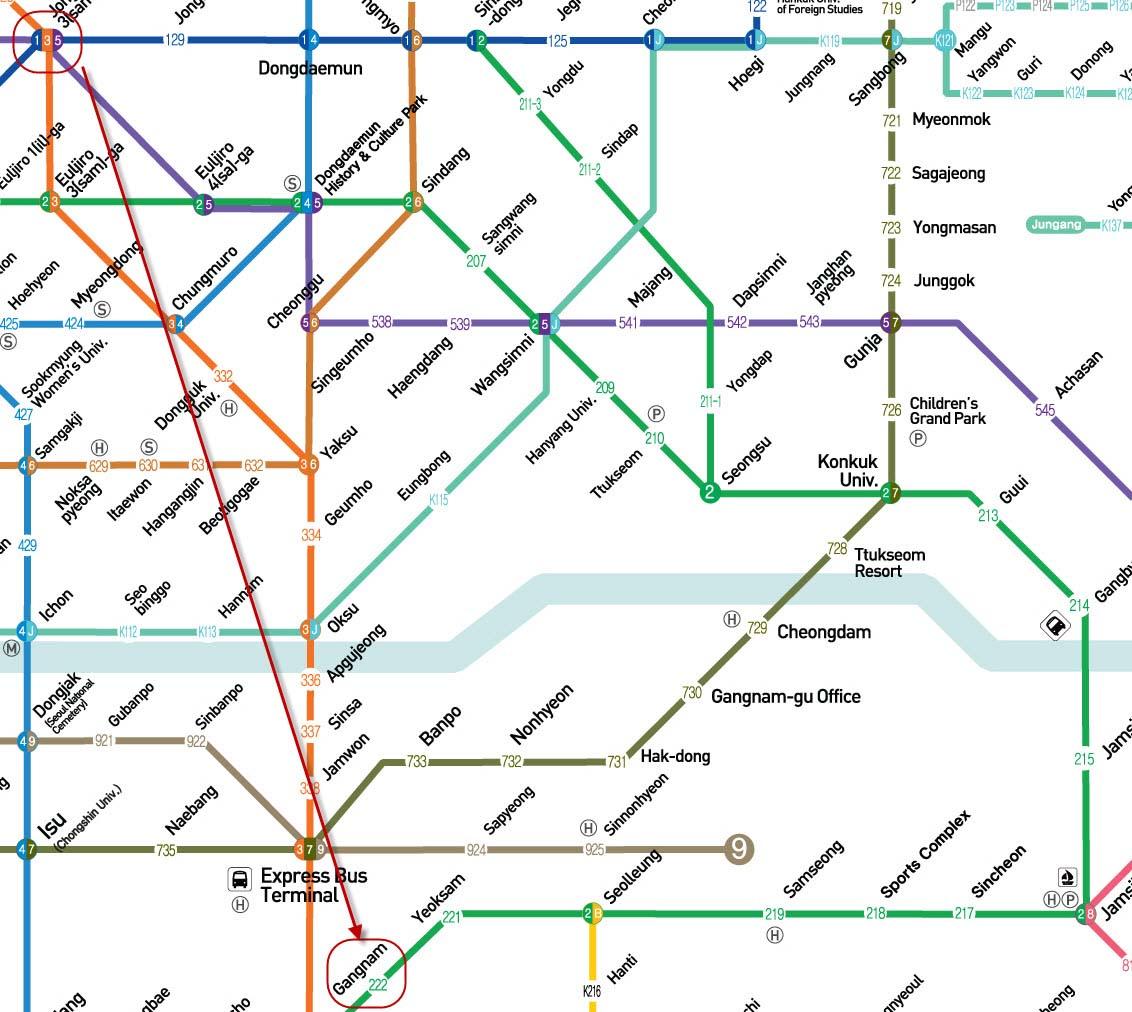 จุดมุ่งหมายต่อไปของเราก็คือ สถานีกังนัมค่ะเพื่อไปต่อรถบัสไปเอเวอร์แลนด์กัน แต่ตอนนี้ cheekka อยู่ที่ dongdaemun history & Culture Park เราเดินกันมาจากสถานี Dongdaemun ค่ะ ดังนั้นเราจึงสามารถนั่งรถสายสีเขียว (สาย 2) ต่อไปสถานี้ Gangnum ได้เลยค่ะ ตามแผนที่รถไฟเลยนะคะ