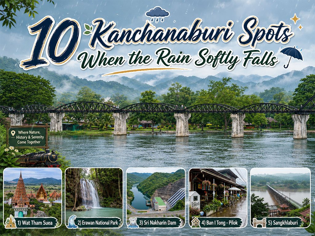 10 lieux à Kanchanaburi sous une pluie douce